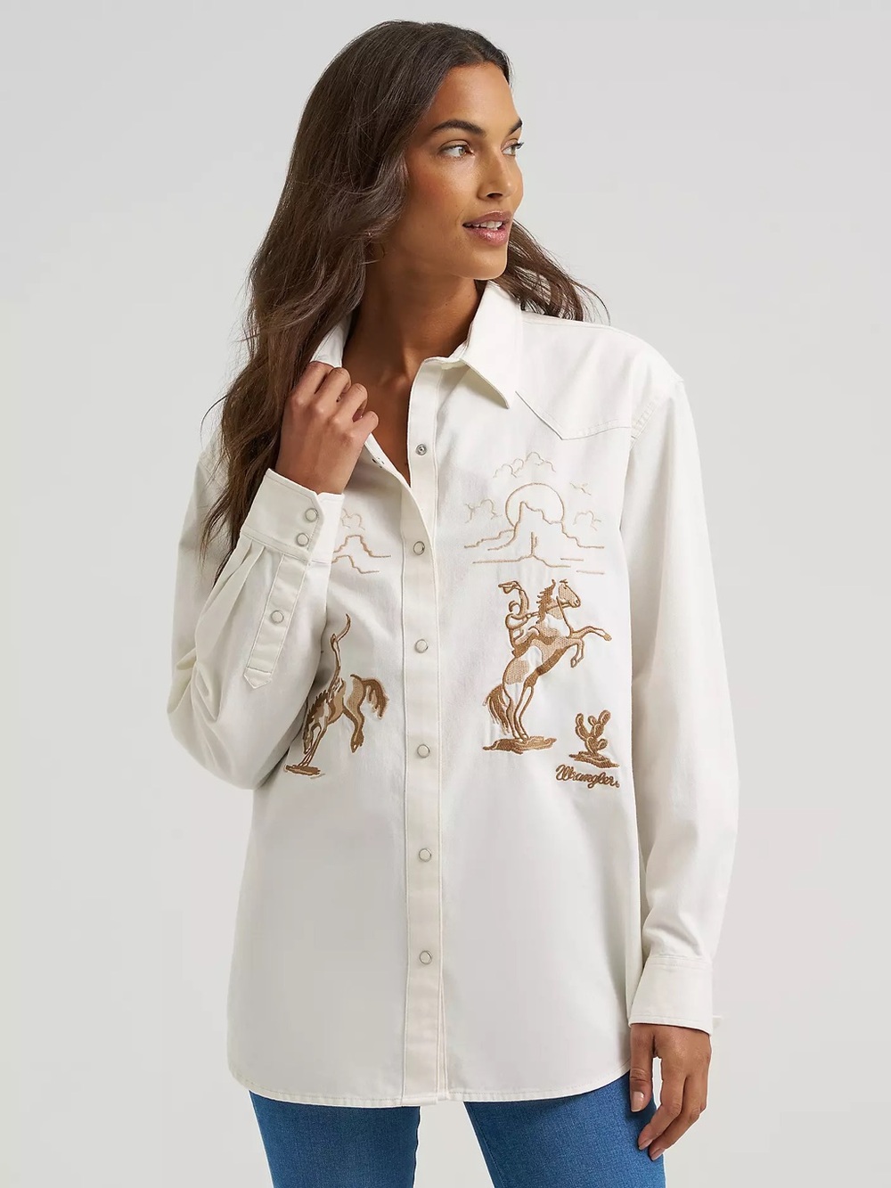 Wrangler retro horse embroidered cotton boyfriend shirt cream womens S - Picture 1 of 5